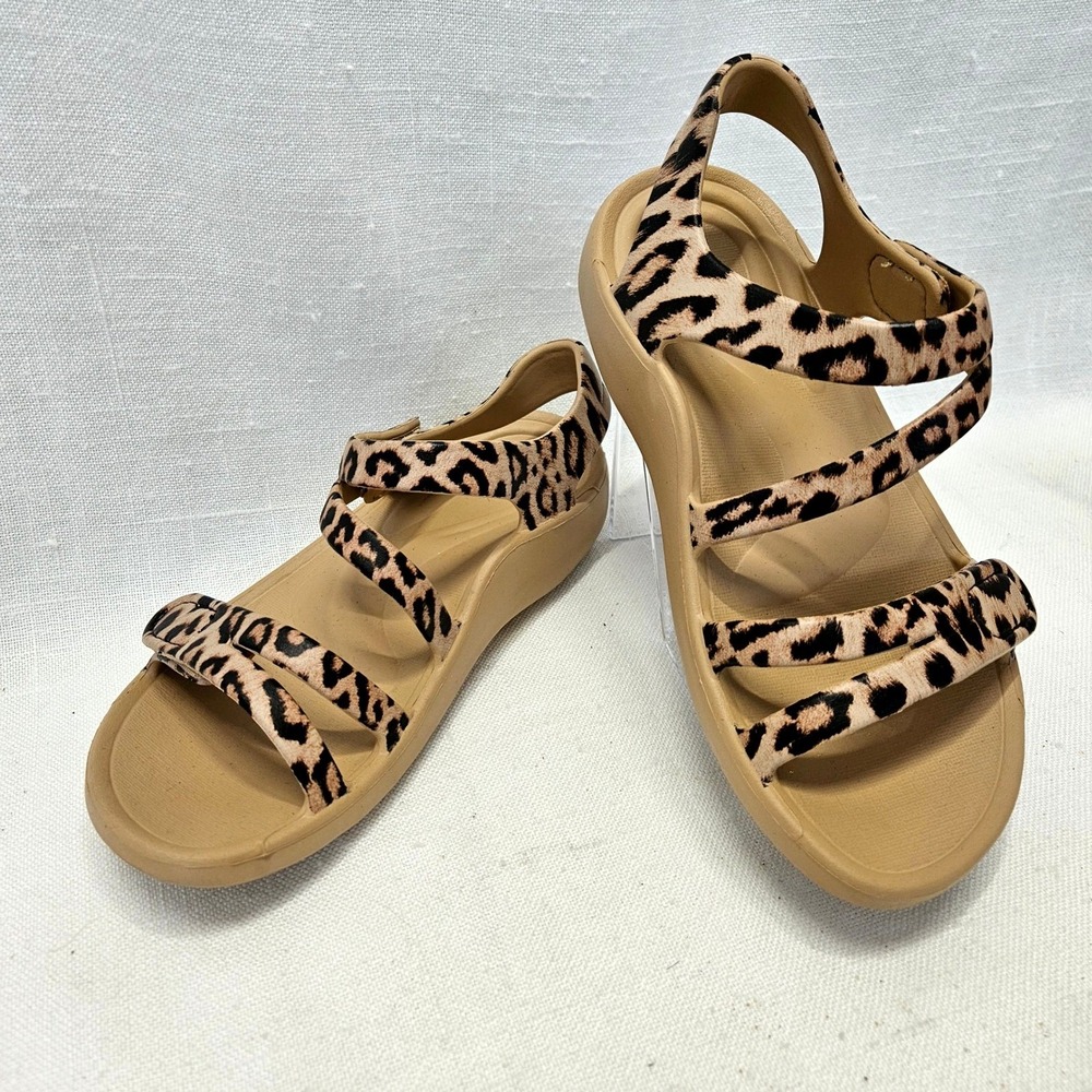 Aetrex Sandals Womens Sz 5Tan Leopard Strappy Orthotic Comfort Walking Shoes